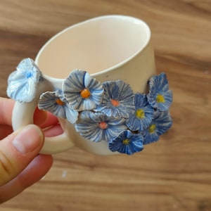 Handmade Ceramic Mug with Blue Floral Handle – Unique Pottery Cup, Food Safe Glaze