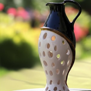 Handmade Ceramic Pitcher Vase – Black & White Cutout Design, Rustic Farmhouse Boho Pottery Decor