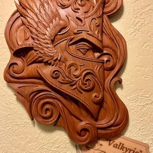 Valkyrie Wooden Wall Art – Hand-Carved from Solid Cherry Wood – Norse Mythology Decor – Lacquer Finish