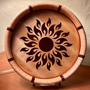 Handcrafted Wooden Bowl “Sunfire” – Curly Hard Maple and Bloodwood Inlay – Decorative Serving Bowl or Wall Art