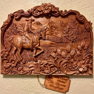 Handcrafted Wooden Plaque “The Great Plains”  Cowboy on Horseback, Cherry Wood Decor,  Gift for Nature and Cowboy Lovers