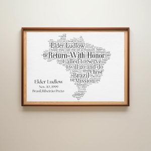 Gepersonaliseerde zendeling WordArt-print – aangepast met naam, locatie van de missie, schriftplaats en datum - 8 x 10 of 11 x 14
