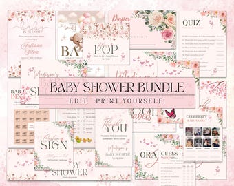 Baby in Bloom Baby Shower Invitation Bundle Printable, Wildflower Editable Template, Boho Floral Pink Girl Baby Shower Canva Suite