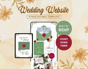 Canva Olive Green Burgundy Floral wedding website Template |  Editable Digital Invitation (RSVP, Countdown)