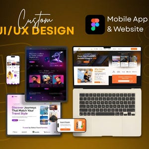 May include: A digital design concept showcasing UI/UX design for mobile apps and websites. The image features a laptop, tablets, and smartphones displaying various website and app interfaces. The text "Custom UI/UX Design" is displayed.