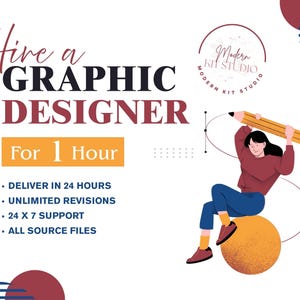 Può includere: Annuncio di servizi di graphic design. L'immagine presenta il testo "Assumi un graphic designer per 1 ora" con dettagli. Un'illustrazione mostra una persona che tiene una grande matita, seduta su una sfera arancione strutturata, su sfondo bianco.