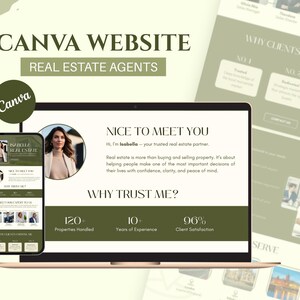 May include: A Canva website template for real estate agents, displayed on a laptop and smartphone. The design features a professional layout with text including "Nice to Meet You" and "Why Trust Me?" in a modern font. The color scheme is primarily olive green and beige.