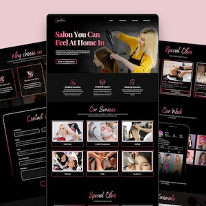 Könnte beinhalten: Ein Website-Design für einen Salon, mit schwarzem Hintergrund und rosa Akzenten. Die Hauptseite zeigt den Text "Salon You Can Feel At Home In" und Bilder von Salondienstleistungen. Weitere Seiten sind "Warum uns wählen", "Kontakt" und "Sonderangebote".