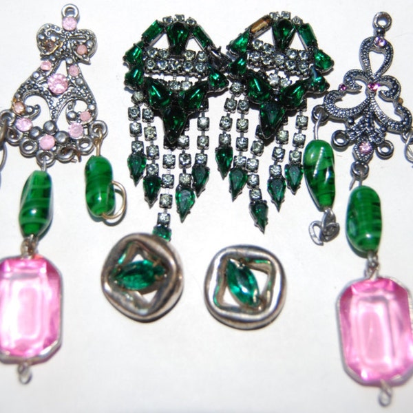 do NOT BUY ! Reserved for Erica Sale Jewelry Lot Vintage Green Rhinestones Filigree Chandelier green stones Destash Broken Earrings