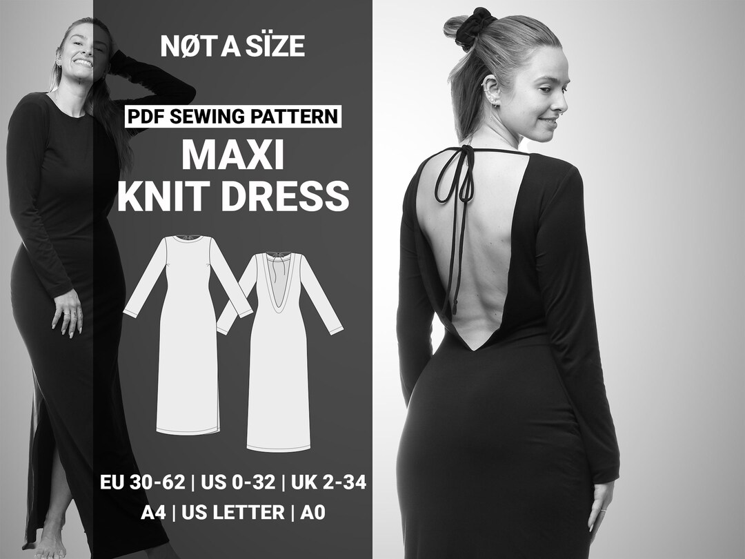 jersey knit maxi dress pattern Backless Sewing Pattern, Fitted Dress With Scoop Back, Long Sleeves, Slit Option, Sizes 30–62 EU / 0–32 US AFRICAN WEAR FOR WOMEN