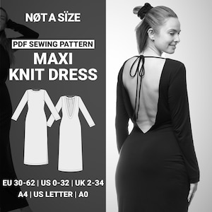 May include: A black maxi knit dress with long sleeves and a low back is featured in this image. The text "NØT A SIZE" and "PDF SEWING PATTERN MAXI KNIT DRESS" are displayed. Dress sizes are listed as EU 30-62, US 0-32, and UK 2-34.
