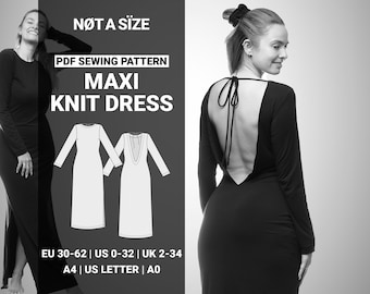 Jersey Maxi Kleid ohne Rücken, Schnittmuster, tailliertes Strickkleid mit U-Ausschnitt Rücken, Langarm, Schlitz-Option, Größen 30–62 EU / 0–32 US