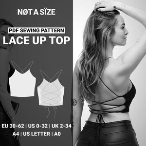 Westerse mode achterkant crop top met veters eenvoudig naaipatroon, open rugloze tanktop, festival rave Y2K top DIY patroon pdf, maat 30-62 EU