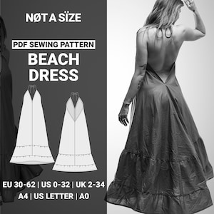 Maxi Dress Sewing Pattern, DIY Summer Beach Long Backless Maxi Dress with Halter Neck, Holiday Vacation Dress, Sizes 30–62 EU / 0–32 US