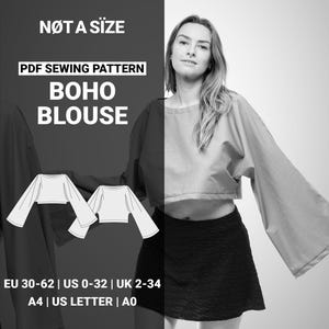 Bluse Top Schnittmuster, Boho Hippie Ausgestelltes Ärmel Sommer Strand Crop Top Einfach Muster Digital, Lockere Relaxed Fit Shirt Patterns, 30-62 EU