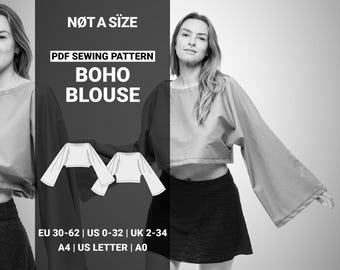 Bluse Top Schnittmuster, Boho Hippie Ausgestelltes Ärmel Sommer Strand Crop Top Einfach Muster Digital, Lockere Relaxed Fit Shirt Patterns, 30-62 EU