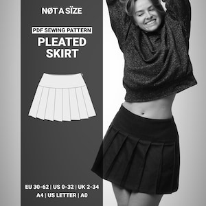 May include: Black and white image featuring a pleated skirt and a PDF sewing pattern. The pattern includes sizing information in EU, US, and UK sizes. The text on the pattern reads "PLEATED SKIRT".