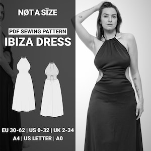 May include: Black and white image featuring a woman in a halter dress with cutouts. The image also includes a PDF sewing pattern for the "Ibiza Dress" with sizing information. The dress is a floor-length design.