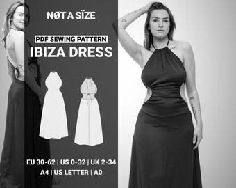 Rückenfreies Maxi Kleid Schnittmuster, DIY Sommer Neckholder Kleid mit Front Cut-Outs & Rüschen, Größen 30–62 EU / 0–32 US