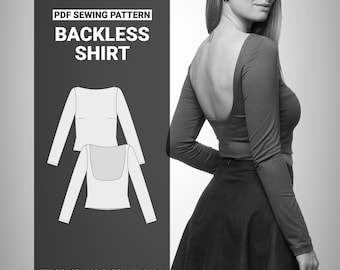 Rückenfreies Jersey Langarm-Shirt Schnittmuster PDF, tailliertes rückenfreies Top EU 30-62
