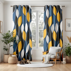 Modern Living Room Curtains with Leaf Pattern, Blue and Mustard Geometric Drapes, Bold Retro Window Panels, Blackout or Thermal, Eyelet