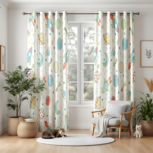 Space Theme Curtains for Kids Room, Rocket and Planet Print Drapes, Colorful Outer Space Window Panels