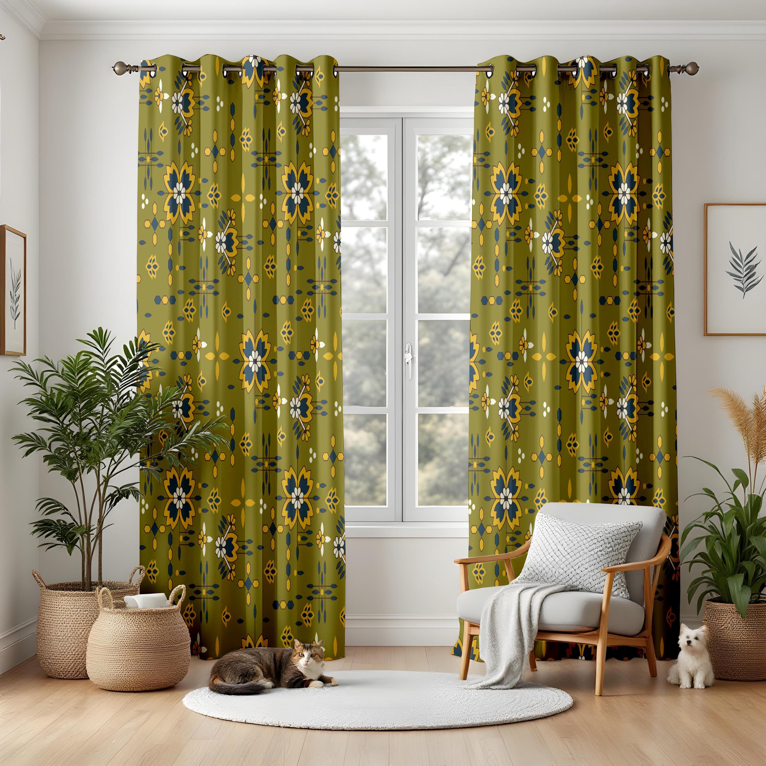 Eclectic Bohemian Floral Blackout Curtains, Olive Green and