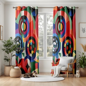 Colorful Modern Art Curtains, Abstract Circle Pattern Window Panels, Bold Geometric Living Room Drapes, Creative Home Decor Statement