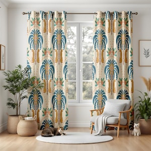 Tropical Palm Tree Living Room Curtains, Bohemian Blue Orange Window Drapes, Coastal Chic Home Decor, Beach Style Design