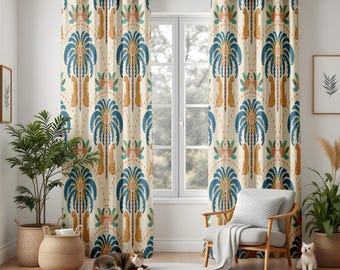 Cortinas para sala de estar con palmeras tropicales, cortinas bohemias en azul y naranja, decoración costera elegante para el hogar, diseño estilo playa.