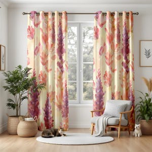 Romantic Floral Curtains for Living Room, Watercolor Pink Purple Drapes, Cottagecore Window Panels, Soft Spring Home Decor
