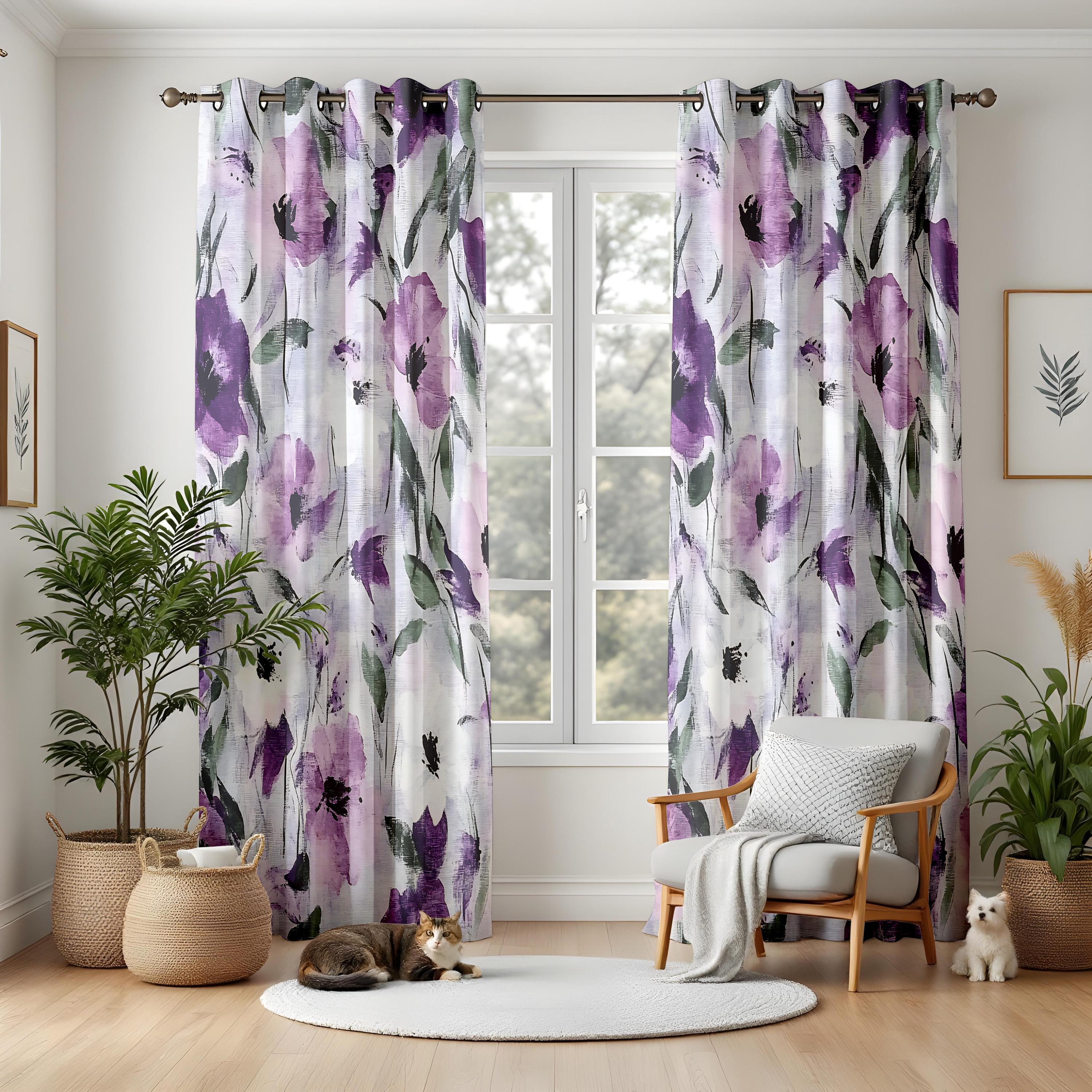 Purple Floral Living Room Curtains, Watercolor Flower Window Drapes