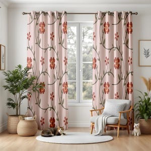 Sophisticated Trailing Vine Floral Blackout Curtains, Blush Pink & Deep Green Botanical Pattern Drapes, Elegant Romantic Living Room Decor