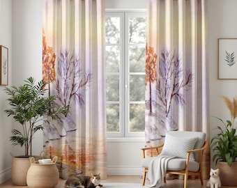 Cortinas para sala de estar con diseño de árbol en acuarela, cortinas con paisaje otoñal, decoración natural en tonos pastel suaves, paneles de cortinas botánicas modernas.
