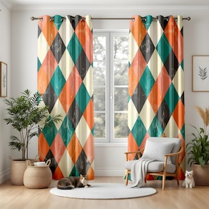 Retro Harlequin Living Room Curtains, Vintage Diamond Pattern Drapes, Bold Geometric Window Panels, Colorful Eclectic Decor