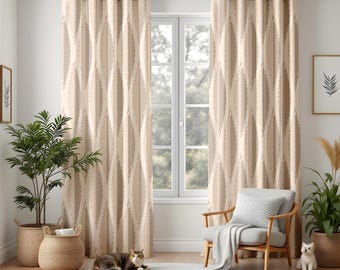 Beige Modern Leaf Curtains for Living Room, Minimalist Natural Drapes, Neutral Pattern Window Panels, Scandinavian Boho Style