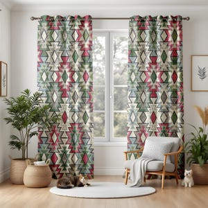 Southwestern Geometric Curtains, Boho Tribal Pattern Drapes, Rustic Living Room Window Panels, Aztec Home Decor