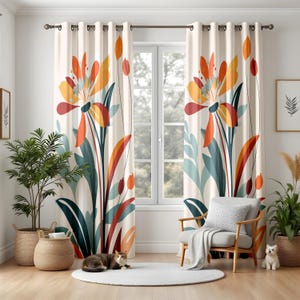 May include: Cream floral curtains featuring a large, stylised flower design in orange, yellow, and red. The curtains hang in front of a window. The room also features a chair, plants, and a cat.