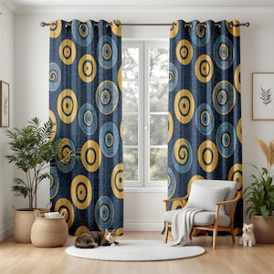 Retro Mod Living Room Curtains, Blue and Mustard Circle Pattern Drapes, Mid Century Modern Window Panels, Funky Geometric Decor