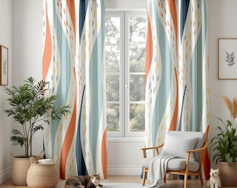 Modern Abstract Wave Blackout Curtains, Bold Orange Blue Navy Living Room Drapes, Playful Stripe Window Panels for a Unique Home Decor