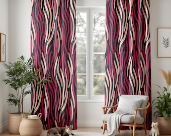 Modern Abstract Blackout Curtains, Bold Pink & Black Living Room Drapes, Unique Stripe Pattern Window Panels for Home Decor