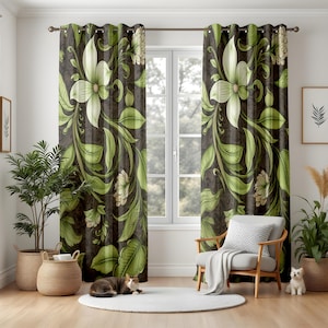 Dark Botanical Blackout Curtains, Moody Green Floral Living Room Drapes, Elegant Nature Inspired Window Panels, Unique Decor