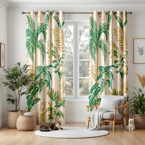 Tropical Palm Leaf Curtains for Living Room, Green and Gold Botanical Drapes, Exotic Jungle Style Window Panels