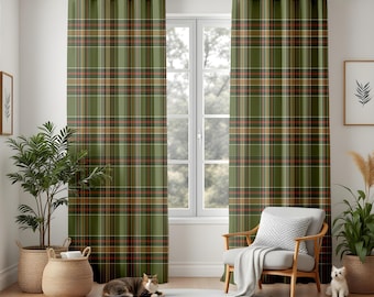 Cortinas opacas de tartán verde oliva, cortinas estilo granja con cuadros oxidados, decoración acogedora para sala de estar, regalo para otoño e invierno.