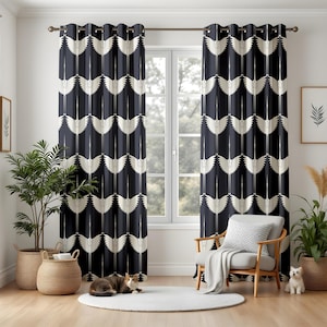 Elegant Crane Pattern Living Room Curtains, Black and White Art Deco Drapes, Modern Japanese Inspired Window Panels