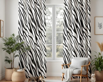 Zebra Print Window Curtains for Living Room, Modern Safari Animal Decor, Black White Striped Drapes, Monochrome Home Accent
