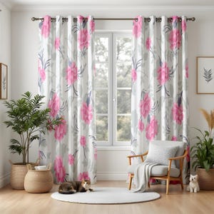 Pink Floral Curtains for Kids Room, Bright Flower Print Drapes, Soft Gray and White Botanical Window Panels