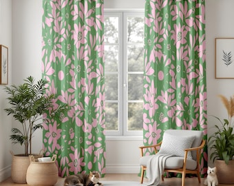Modern Floral Blackout Curtains, Bold Pink & Green Living Room Drapes, Vibrant Abstract Flower Window Panels for Unique Home Decor