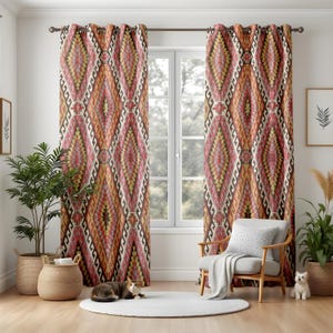 Boho Kilim Pattern Curtains, Tribal Diamond Window Drapes, Earth Tone Ethnic Living Room Decor Panels