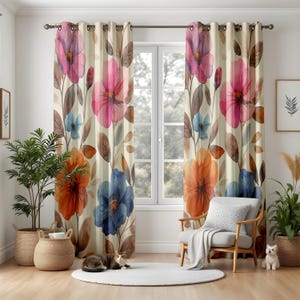 Watercolor Floral Blackout Curtains, Abstract Pink & Orange Drapes, Unique Blue Flower Window Panels for a Creative Home Decor